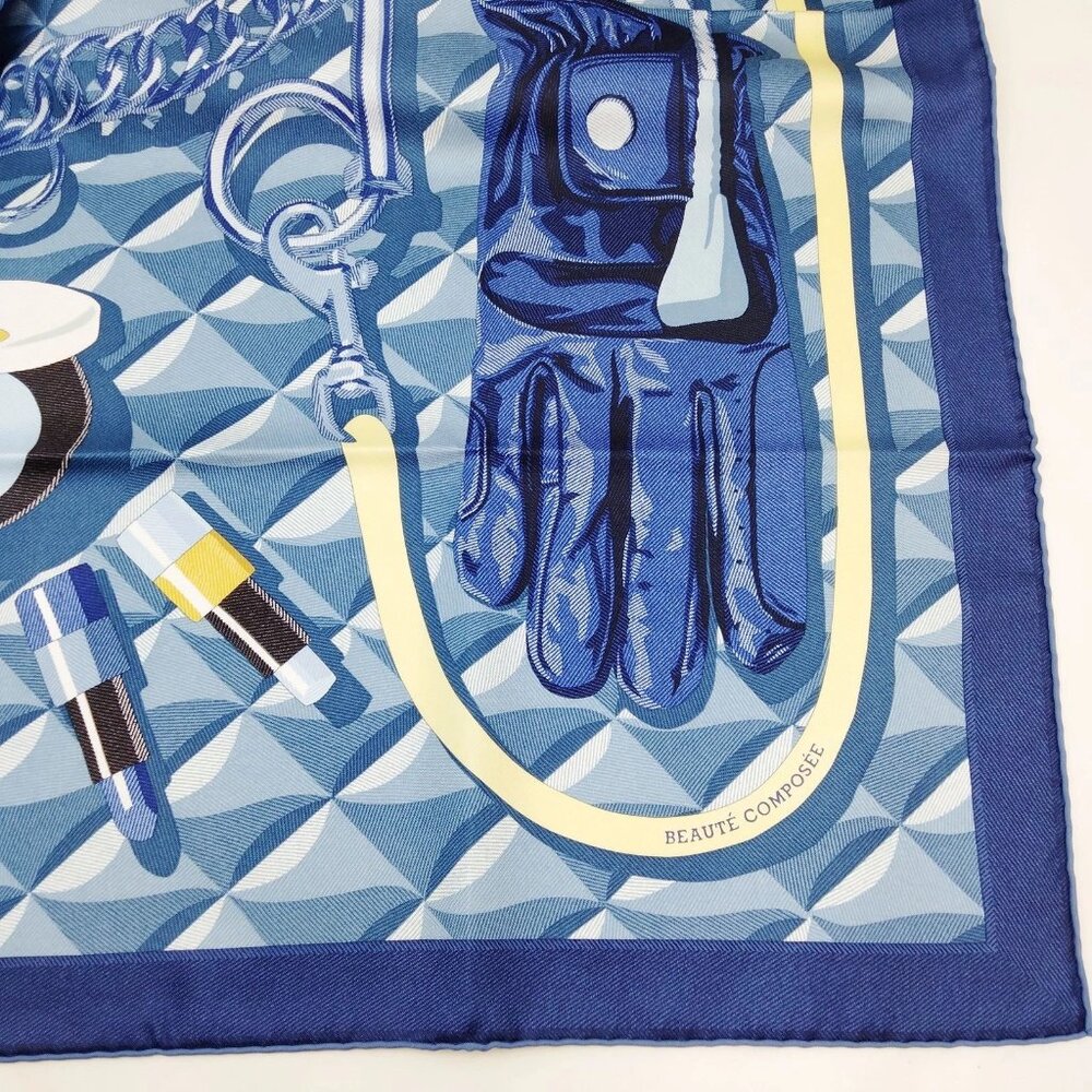 Authentic Hermes Carre 90 Beaute Composee Navy Blue Scarf mn696-121325 - Picture 5 of 9